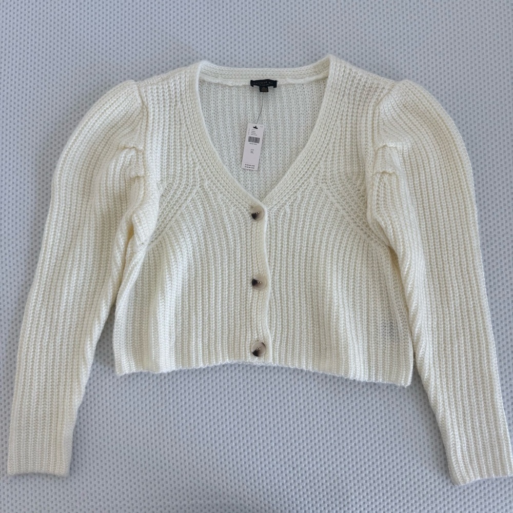 Anthropologie Current Air Women's Ivory Knit Puff Sleeve Cardigan Sweater NEW